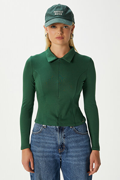 Ritnice Women's Evan Polo Neck Green Zippered Cotton Basic Blouse