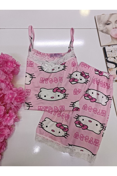Lila Hello Kitty Desenli Birinci Kalite Milan Kumaş Dantel Detaylı Şortlu Takım