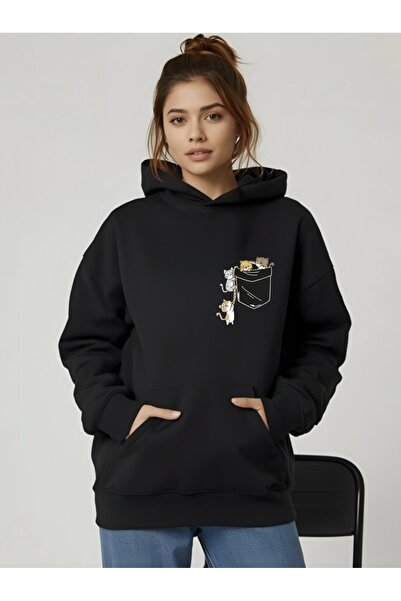 FUFLUNS Cats in a Hurry Printed Oversized Unisex Women/Men Hooded Sweatshirt