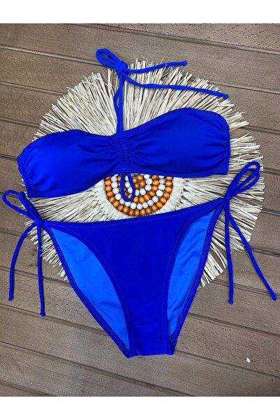 Genel Markalar Kadın Mavi Likralı Esnek Boyundan Bağlamalı İpli Straplez Şık Kaliteli Büzgü Ayarlı Bikini Takım