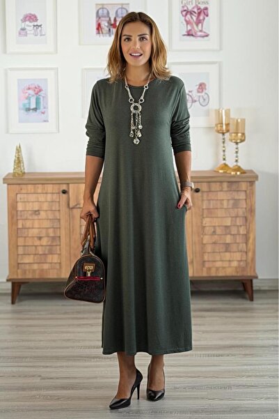 Nevin Kaya Moda Φόρεμα από μαλακό μάλλινο βισκόζη Χακί Angora