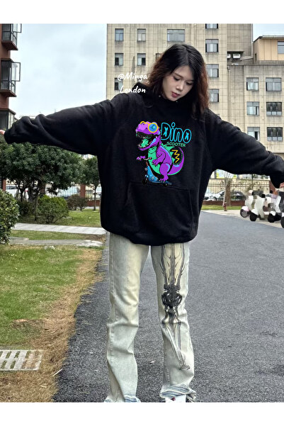 Minga London سويت شيرت أسود كبير الحجم مطبوع عليه دينو - مينجالدون