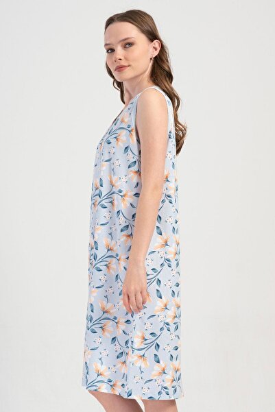 VİENETTA Rochie de acasă pentru femei, culoare albastră, cu mâneci zero, cu fermoar, cu decolteu în V, cu buzunare, cu model floral C4T9N1904