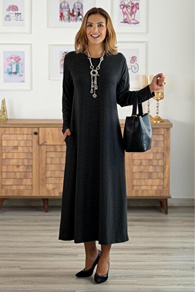 Nevin Kaya Moda Antrasit Angora Yumuşacık Yün Viskon Elbise