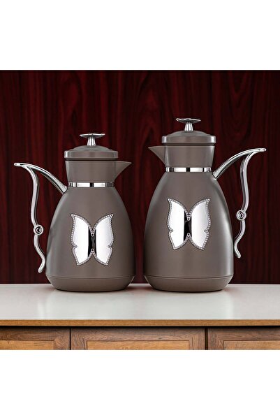 Radin Vacuum Flask Set Plastic Push Button 0.7 L + 1 L Coffee & Silver