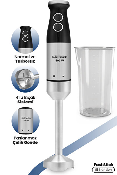 woodhub Paslanmaz Çelik 1500W 4 Bıçaklı Çubuk El Blender Seti, Siyah