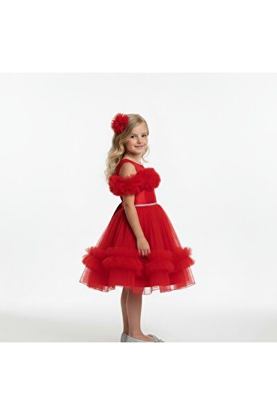 MİSS RAİN Fold-On Sleeves, Flowers, Low Shoulder, Stone Detail, Ruffle Skirt, Girl's Evening Dress