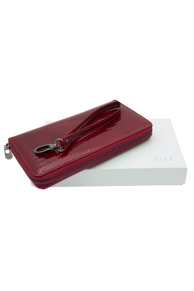 Tita Women's Wallet, Lacquered Leather, Alligator Pattern, Detachable Strap, Tita, Red - PR374