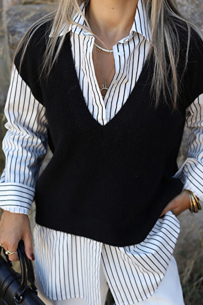 bytugcekaya Cămașă cu dungi cu detaliu de pulover de mărime standard neagră