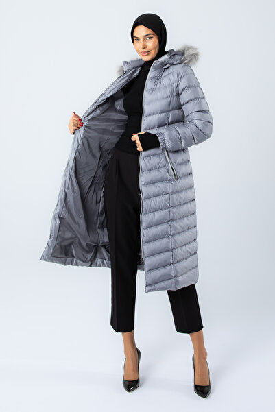 Space Fashion Women's Metallic Gray Long Puffer Jacket