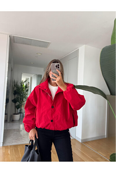 FEMMESTUDIO Women's Red Stand Collar Jacket with Elastic Hem