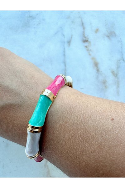 Gümüş sandık Colorful Enamel Detailed Bracelet – Blue, Black, Green, Fuchsia and White Gold Color Framed Design