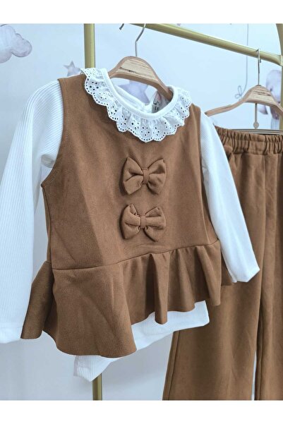 kidsense Girls' Suede 3-Piece Set with Bow and Collar Guipure Detail