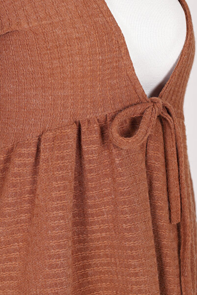 armonika Women's Coffee V-Neck Soft Textured Tie-Front Lycra Pants Two-Piece Set Arm-26K001002