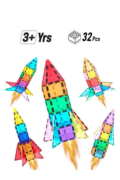 Generic Picasso Tiles Magnetic Rocket Booster - 32 Magnetic Building Blocks for Ages 3+