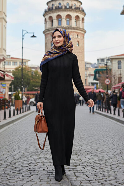 N.S NEVA STYLE Ribbed Black Hijab Knitwear Dress 33672S
