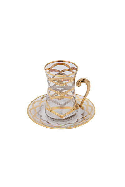 SQUALO Turkish tea cup set - 6 pieces with golden engravings and saucers
