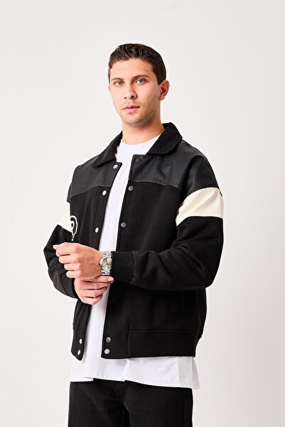 Rocqerx X-2005 Front and Back Embroidery Detailed Leather Trimmed Three-Thread Embroidered College Coat