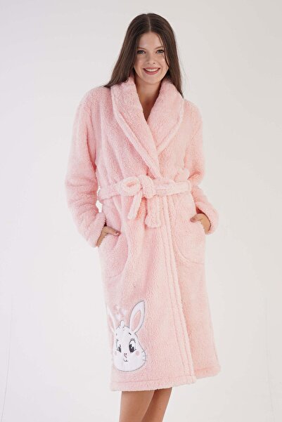 VİENETTA Women's Pink Color Shawl Collar Pocketed Belted Midi Length Dressing Gown C2T6N0603