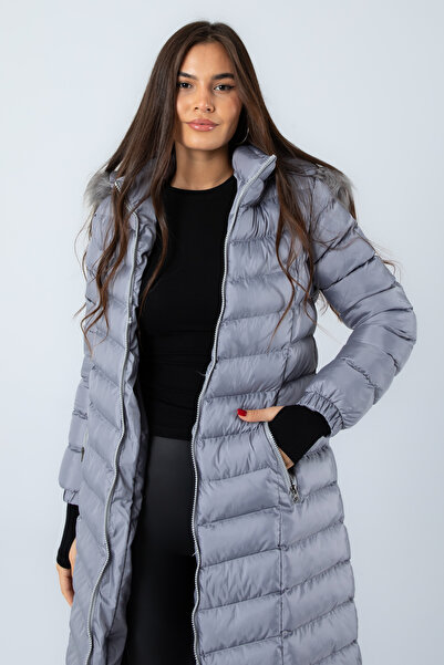 Space Fashion Women's Metallic Gray Long Puffer Jacket