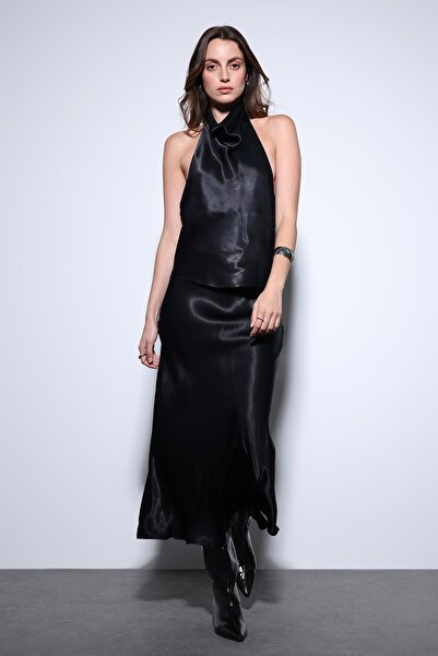 Antioch Black Satin Midi Skirt