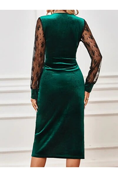 Viyamo Yeni Sezon Kadın Taş ve Büzgü Detay Midi Boy Kadife Şık Davet Elbise