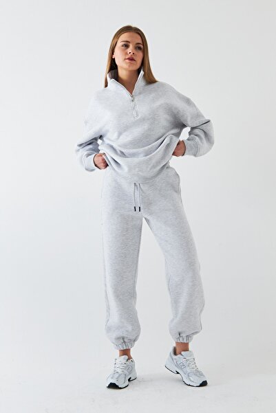 The Champ Clothing Unisex Oversize Σετ αθλητικής φόρμας Basic Grey – Στανταρισμένος γιακάς με φερμουάρ, ελαστικό πόδι, φλις με 3 κλωστές