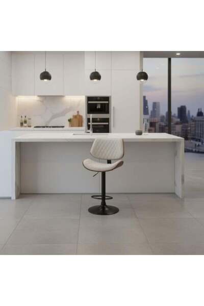 BAITY كرسي بار جلدي قابل للتعديل مع قاعدة معدنية - أبيض فاتح