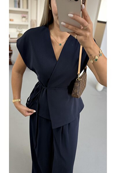 Sezgi Tekin Navy Blue Double Pleated Loose Pants Vest Set