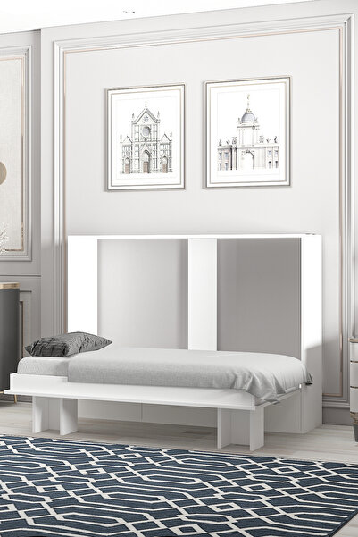 Ninnimo Akıllı Still 70x140 Yatak Uyumlu Yatay Açılır Duvar Yatağı Beyaz Mdf Kitaplıklı Karyola