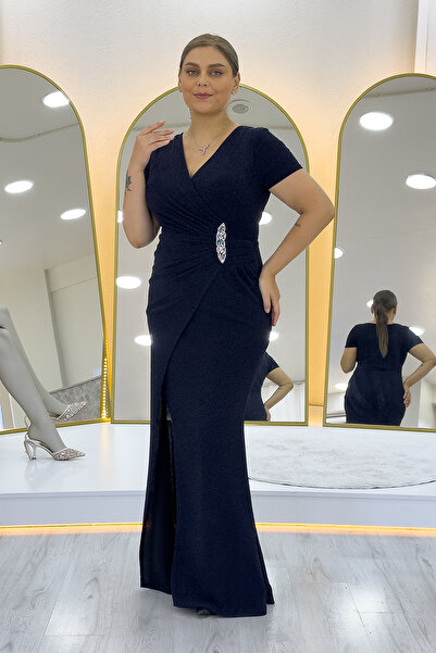 the ZKS Women's Silvery Double-Breasted Collar Stone Detailed Plus Size Evening Dress Navy Blue, Gold, Burgundy, Black