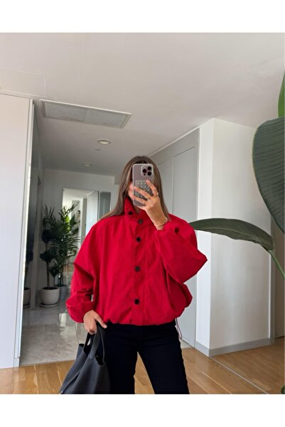 FEMMESTUDIO Women's Red Stand Collar Jacket with Elastic Hem