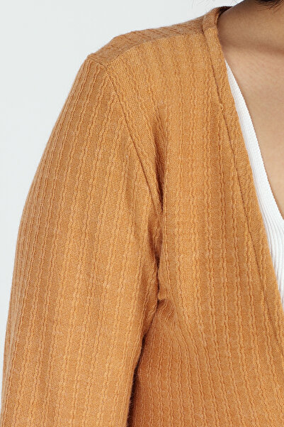 armonika Women's Camel V-Neck Soft Textured Tie-Front Knit Cardigan with Elasticated Sleeves Arm-26K001010