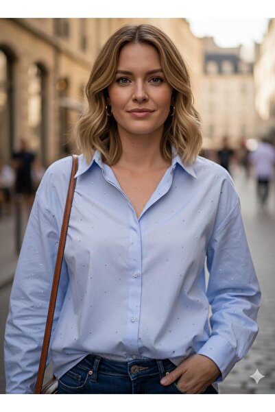 Meşe Moda cu pietre aplicate basic Cămașă albastră