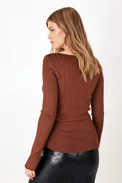 armonika Γυναικεία καφέ τετράγωνη λαιμόκοψη πλεκτή μπλούζα Lycra ARM-25K069006