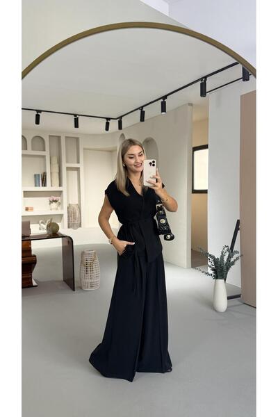 Sezgi Tekin Siyah Çift Piliseli Bol Pantolon Yelek Takım