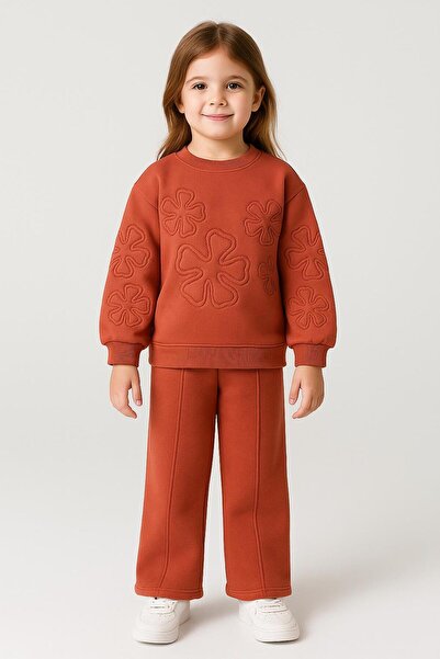 RAPAPA Girl's 3 Thread Ribbed Floral Patterned Girl's Tracksuit Set-10750-Krmt