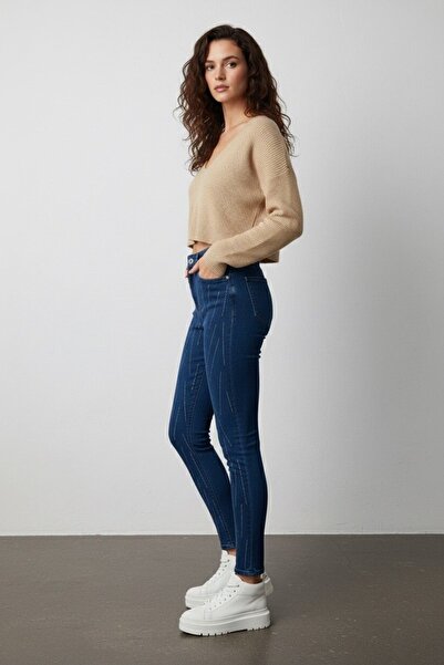 SHEVEGA Women's Cross-Stone Navy Blue Denim Tight Legs