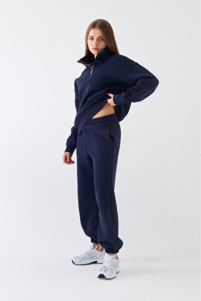 The Champ Clothing Unisex Oversize Tracksuit Set Basic Navy Blue – Zippered Stand Collar, Elasticated Legs, 3 Thread Raised Stitching