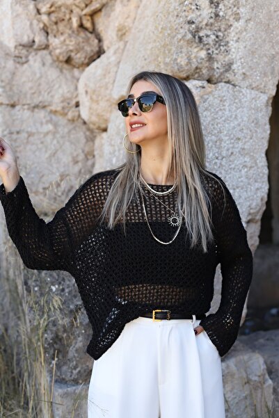 bytugcekaya Pulover negru din tricot ajurat, mărime standard