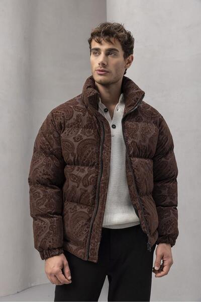 Valiberta Ανδρικό παλτό με ψηλό γιακά με έθνικ σχέδιο Harjo - Καφέ