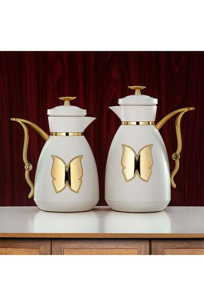 Radin Almarjan Vacuum Flask Set Plastic Push Button 0.7 L + 1 L Ivory & Gold