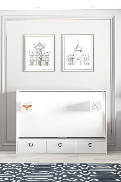 Ninnimo Akıllı Still 70x140 Yatak Uyumlu Yatay Açılır Duvar Yatağı Beyaz Mdf Kitaplıklı Karyola