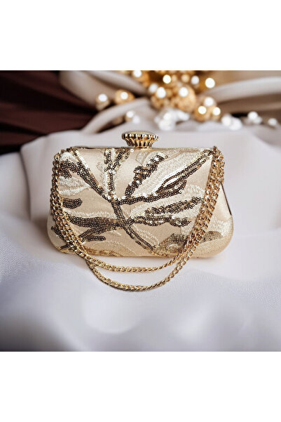 Telli Art حقيبة سهرة مطرزة بسلسلة من الترتر الذهبي