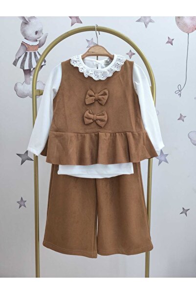 kidsense Girls' Suede 3-Piece Set with Bow and Collar Guipure Detail
