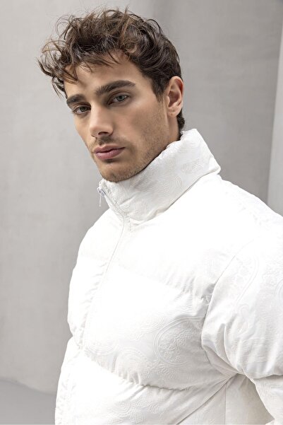 Valiberta Harjo Etnik Desen Yüksek Yaka Şişme Erkek Mont - Ekru