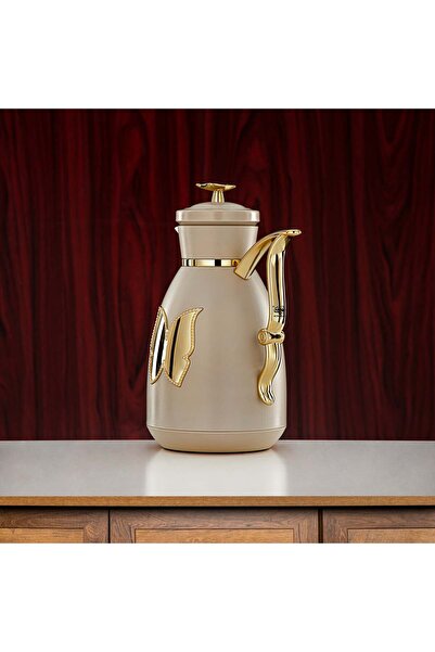 Radin Vacuum Flask Set Plastic Push Button 0.7 L + 1 L Beige & Gold