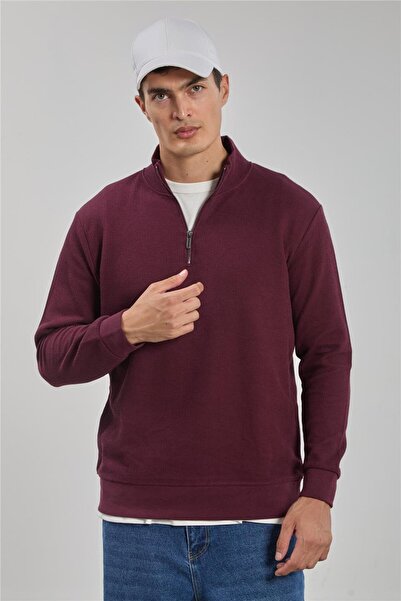 BARRELS AND OIL Men's Sweatshirt with Stand Collar and Half Zipper - Cherry