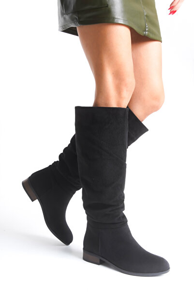 MARSEDO Cizme de zi cu zi pentru femei cu vârf rotund, cu burduf, din piele intoarsa neagra Stela