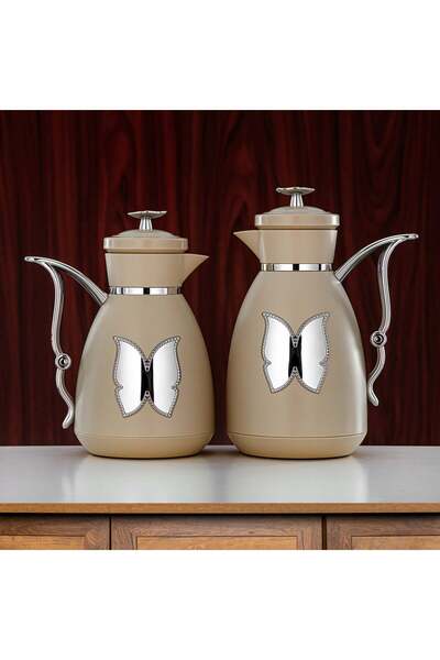 Radin Vacuum Flask Set Plastic Push Button 0.7 L + 1 L Beige & Silver